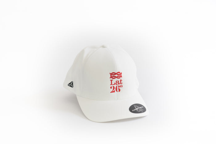 white flexfit baseball cap with red lat 26 logo